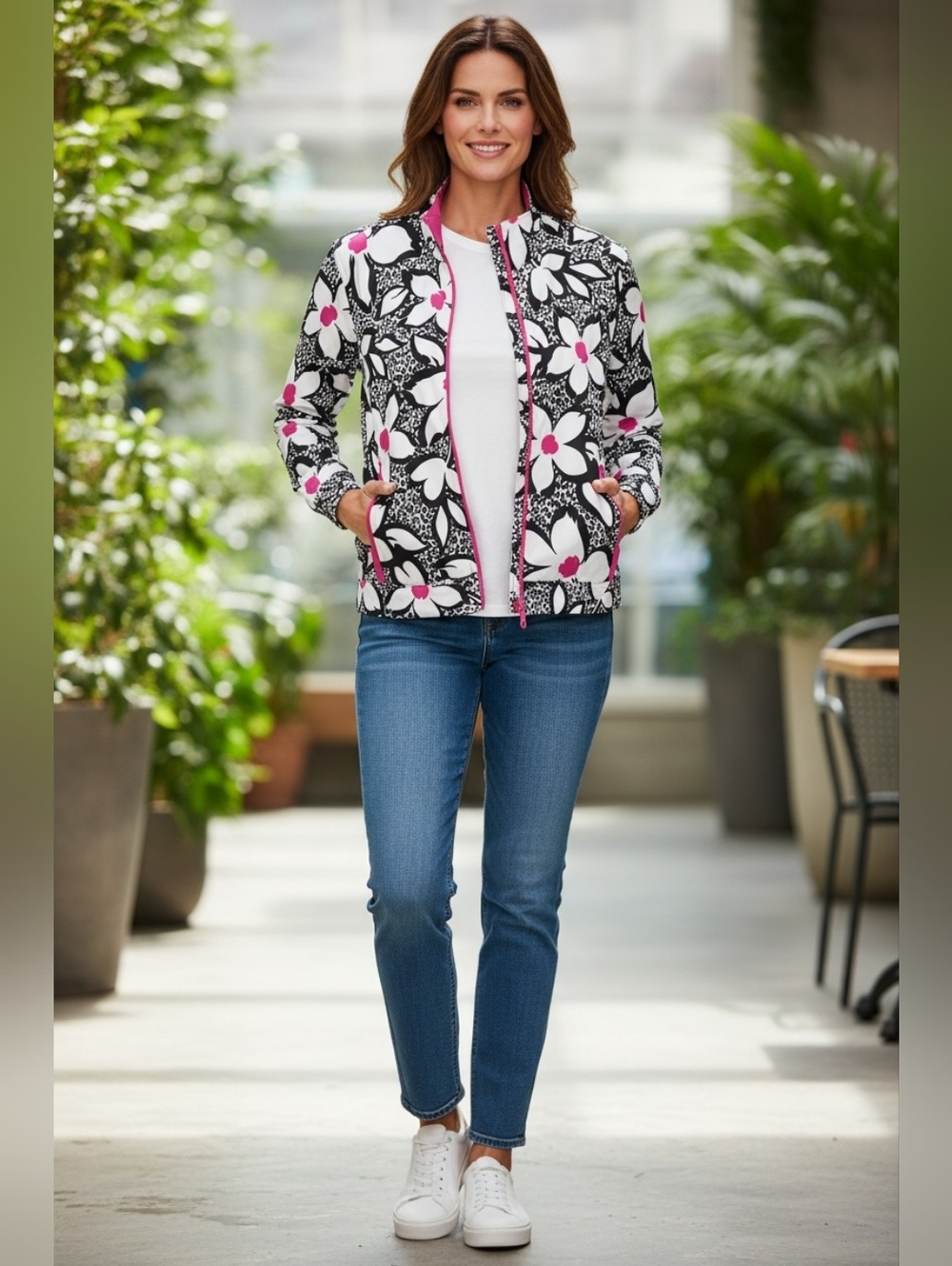 Alfred Dunner Lightweignt Black & White Floral Jacket with Pink Trim